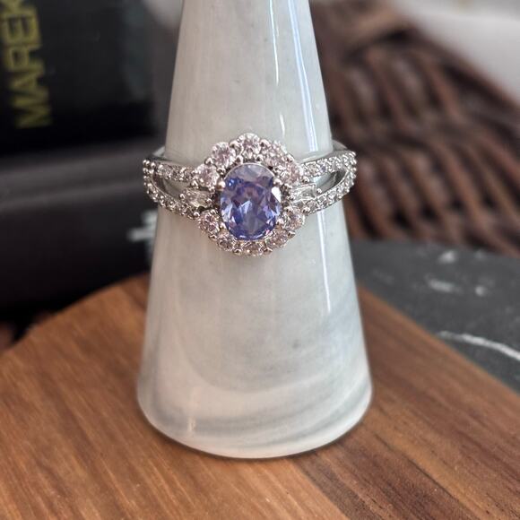 Bomb Party Ring Light Tanzanite and Diamond CZ on Rhodium Plating Size 10 Blue - Picture 1 of 5